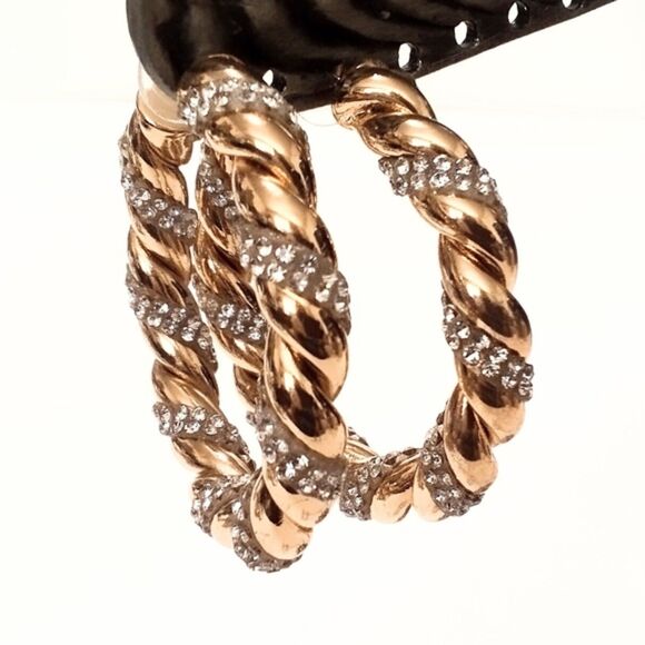 Gold Tone and Rhinestone Twisted Rope Hoop Earrings - Picture 2 of 6